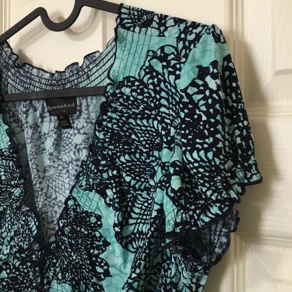 Teal Green Blue Women's Short Cup Sleeve V-Neck Ruched Front Fit and Flare Dress - Picture 6 of 11